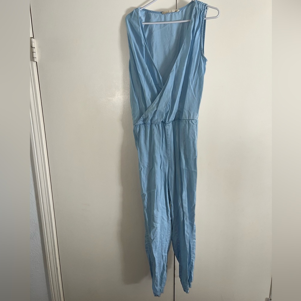 Zara Light Blue Denim Chambray Deep V Neck Jogger Jumpsuit size Small S